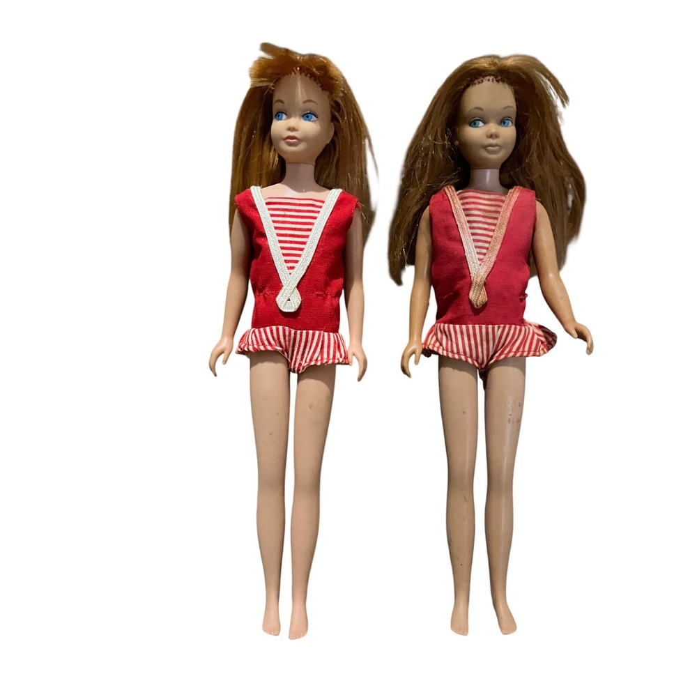 Vintage 1960s Mattel Skipper Dolls Pair Barbie Sister Red White Striped Swimsuit